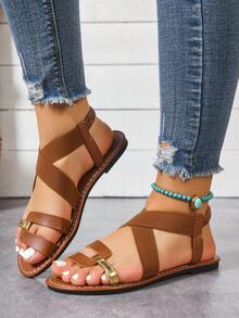 女士宽楦可调节交叉绑带平底凉鞋，软底舒适休闲百搭凉鞋，户外沙滩优雅金色条纹装饰平底凉鞋 - 棕色 - 查看 3