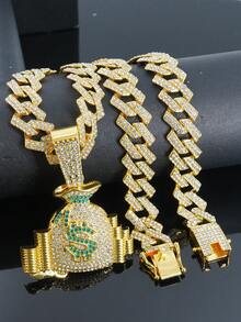 1 Set Fully Rhinestone Money Bag Pendant 15mm Rhinestone Cuban Link Necklace Bracelet, Men's Green Dial Watch, Hip Hop Style Men Accessory Set - Green - View 27