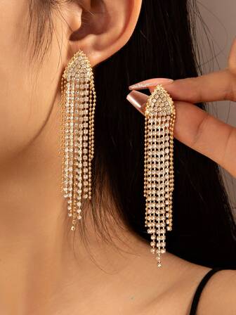 1对简约奢华日常佩戴方形流苏水晶装饰夸张流苏耳环