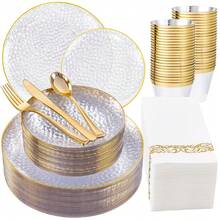 Zerulis 175pcs Clear Gold Plastic Plates, Fancy Plastic Dinnerware Set, Hammered Party Plates, Elegant Tableware Set Includes 25 Dinner Plate, 25 Dessert Plate, 25 Cups, 25 Napkins Perfect For Wedding & Party - 金色 - 查看 9