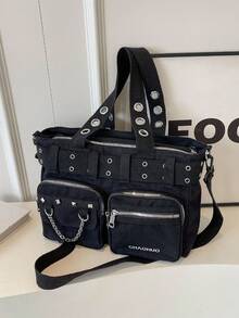 复古大容量托特包，酷炫朋克Y2K单肩包，女士铆钉装饰斜挎包/手提包，多功能多口袋纯色户外旅行斜挎包，休闲日常通勤购物袋 - 黑色 - 查看 2