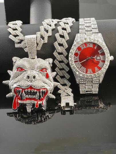 1 Set Bulldog Pendant Rhombus Cuban Chain Necklace & Bracelet, Men's Red Watch, Fashionable & Cool Men Accessories