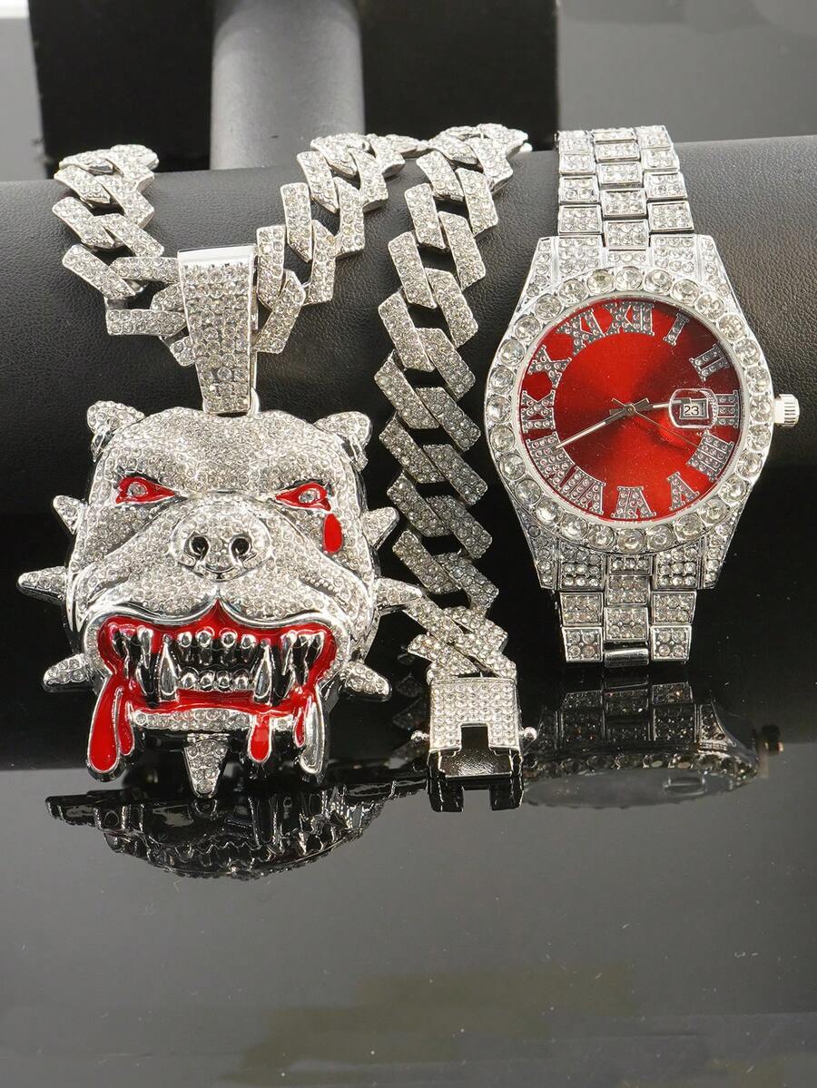 1 Set Bulldog Pendant Rhombus Cuban Chain Necklace & Bracelet, Men's Red Watch, Fashionable & Cool Men Accessories - Red - View 1