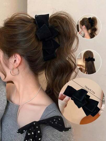 1个女士纯色多层拉绒蝴蝶结香蕉发夹马尾夹，优雅复古发饰，适合日常佩戴，可作礼物（适合发量稍多的女性），头部饰品，女士发饰