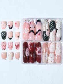 96Pcs(4 Styles) Short Oval Nails ,3D Gel Flower Ladybug Polka Point Design French Tip Press On Nails Acrylic ,Short Nails Include: 1pc Jelly Glue And 1pc Nail File,Very Suitable For Woman Girl Daily Work & Rave Party Use Nail Supplies - View 4