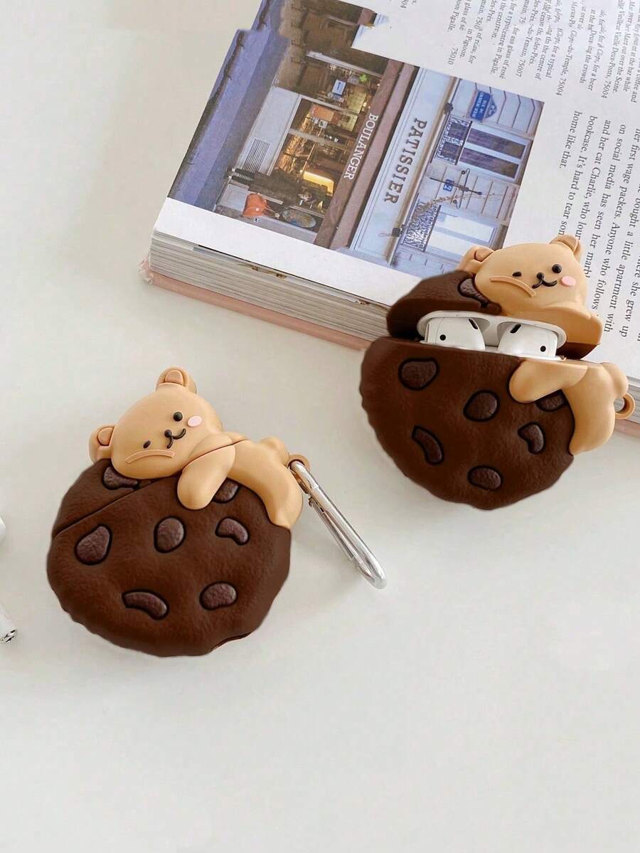 1个可爱3D卡通饼干熊设计保护套，兼容第四代、1/2代、Pro第二代，柔软硅胶防震Pro第三代保护套，趣味耳机保护套（不含耳机） - 棕色 - 查看 1