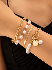 4pcs/Set Minimalist Metal Chain Bracelet, Bohemian Style Multi-Layer Bracelet For Women - Multicolor - View 2