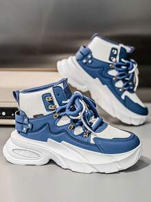 男士休闲运动鞋 高帮新款厚底气垫厚底运动鞋 皮革拼接中帮系带矮个子厚底增高鞋 朋克金属风时尚百搭鞋 男士加大码45码 户外街头休闲度假旅行鞋 - 藍色 - 查看 5