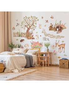 Autocolante de perete cu tematică de pădure, cu animale de desene animate, copaci și grădini, o temă distractivă și naturală, potrivite pentru decorarea camerei de zi, a dormitorului, a pereților, a casei și decorațiuni imaginative. Decor autoadeziv pentru casă. - Multicolor - Vizualizare 5