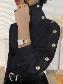 Women's Solid Color Asymmetric Collar Long Sleeve Button Design Casual Shirt Black Spring - Black - View 6