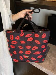 BAILEE 一款商务休闲套装，秋冬季新款，大容量，柔软可爱，可肩背或手提，拉链封口，嘴唇、草莓、樱桃印花撞色尼龙面料，女士手提包、托特包、单肩包、背包、通勤包，适合通勤、工作、购物、外出、聚会、送礼或节日场合、上学、度假。 - 彩色 - 查看 8