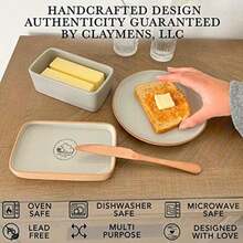 Plato de mantequilla cerámico Mora de dos en uno con tapa, recipiente cubierto para mantequilla para dejar en el mostrador - Contenedor/soporte de almacenamiento grande para la cocina, regalos para ella, bandeja de mantequilla para el mostrador - (Earl Grey) - Multicolor - Ver 5