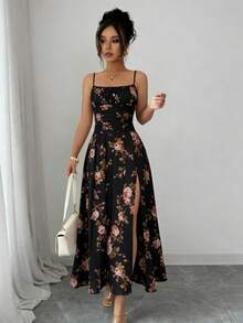 Đầm trễ vai xếp ly họa tiết hoa, xẻ tà cao, phong cách Bohemian, thích hợp cho đám cưới, dạ hội, hẹn hò, kỳ nghỉ, tiệc tùng mùa hè thanh lịch. - màu đen - Xem 5