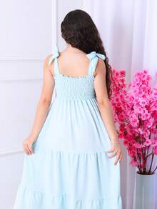 Girls' Long Three-Tiered Dress With Straps | Duna Fabric | Elastic Back | Sizes 12 To 16 - 淺藍色 - 查看 4