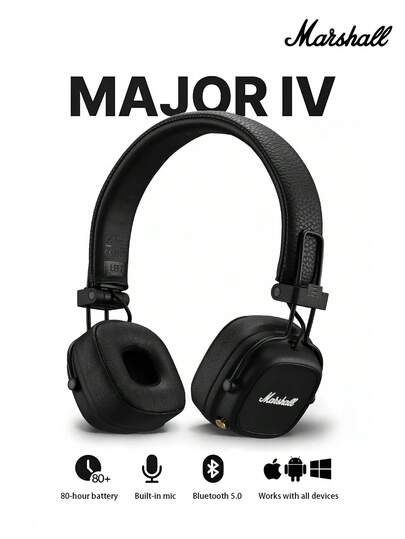 Marshall Major IV 无线蓝牙耳机，超长续航，支持无线充电，强劲低音，可折叠贴耳式设计，轻巧便携，适合旅行、健身、游戏、音乐等多种场景，兼容 iOS 和安卓系统。