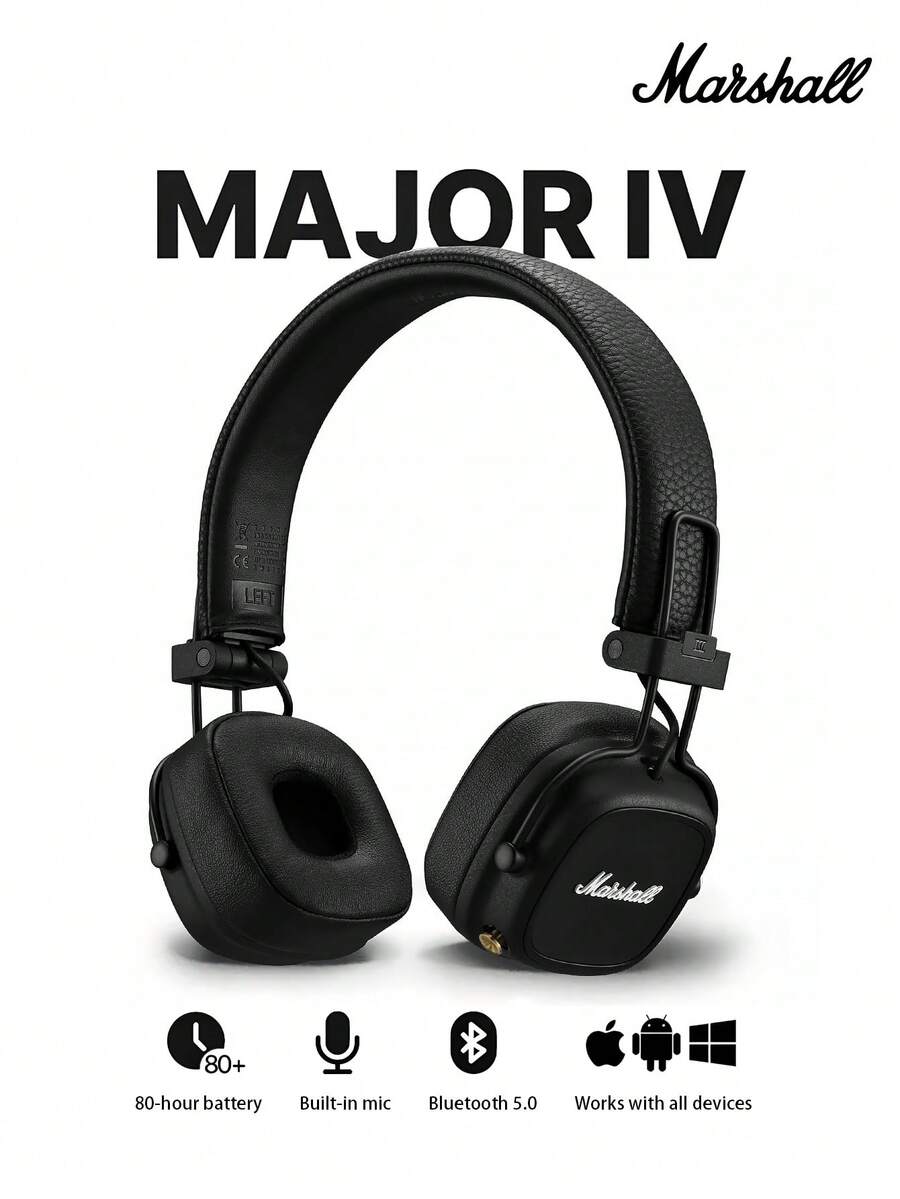 Marshall Major IV 无线蓝牙耳机，超长续航，支持无线充电，强劲低音，可折叠贴耳式设计，轻巧便携，适合旅行、健身、游戏、音乐等多种场景，兼容 iOS 和安卓系统。