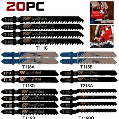 20/10pcs Universal Jigsaw Blade Set, High Carbon Steel Material, Suitable For Rapid Cutting Of Wood, Plastic And Metal, Applicable To Most Jigsaws