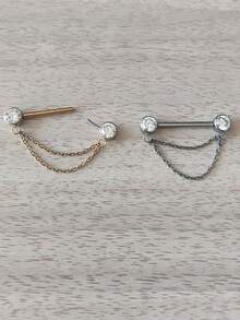 1 pièce Bijou de piercing au téton en titane G23 avec chaîne et chaton en CZ. Barres de piercing pour la langue et les tétons, piercing sexy pour les mamelons pour femmes - Clou à téton - Voir 2