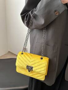 Bolso de hombro de unicolor, de moda y elegante, con estilo vintage impreso, cartera con solapa, bolso cruzado de PU, para uso diario de mujer - Amarillo - Ver 6