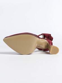 女士高跟凉鞋，高跟厚底尖头蝴蝶结绑带缎面白色露后跟舒适透气休闲/约会优雅款式 - 酒紅色 - 查看 10