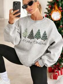 Pulover casual pentru femei, Croială lejeră, Elemente de Crăciun, Material moale, Stil stradal, Confortabil pentru purtare zilnică, Potrivit pentru toamnă/iarnă, Design grafic cu litere, Conceput pentru femei tinere - Gri - Vizualizare 1