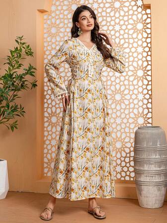 Women's Elegant Floral Print V-Neck Fringe Hem Long Sleeve Belted Dress