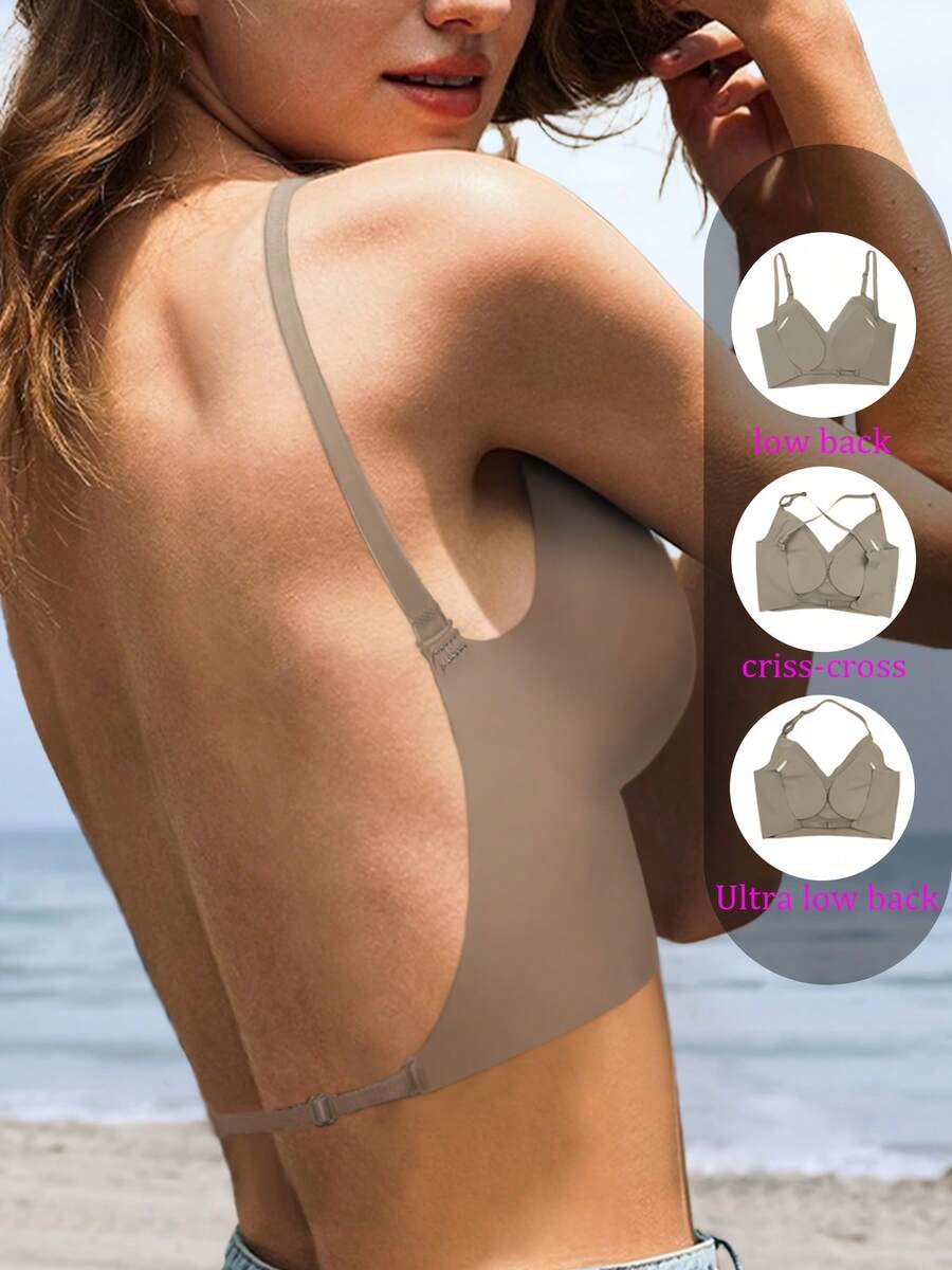 Women's Backless Strapless Push-Up T-Shirt Bra - No Underwire Comfort Fit, Removable Padding & Seamless Nude Color For Layering, Strap-Free Daily Wear, Durable Wire-Free Lift, Tummy Control Lingerie (Casual & Formal) - Màu Khaki - Xem 1