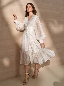 优雅V领纽扣装饰女士年轻时尚微灯笼袖长袖奢华连衣裙 - 白色 - 查看 8