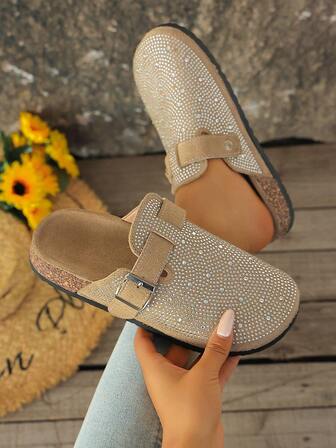 Women's Flat Sandals, Ladies Slip-On Sandals, Comfortable & Fashionable, Rhinestone Embellished Shiny Vamp, Metal Buckle Decor, Round Toe, Low Heel, Non-Slip Rubber Sole, Closed-Toe Slip-On Sandals, Elegant Party Dress Sandals