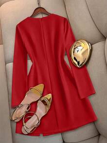 女士长袖短款连衣裙，开衩下摆，蝴蝶结装饰，夏季优雅薄款连衣裙套装 - 紅色 - 查看 2