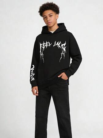 青少年秋冬黑色时尚百搭小熊印花保暖连帽卫衣，抓绒，带帽，青少年男孩礼物