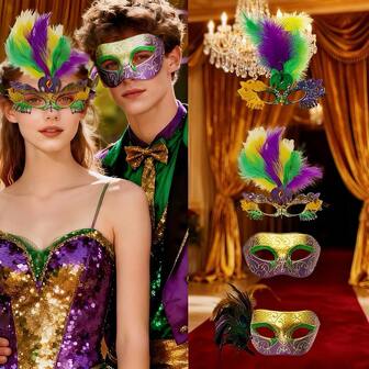 Couple's Venetian Style Mask Set, Peacock Feather Design, Available In Gold, Purple, Green And Multi-Color, Essential For Festival Parties