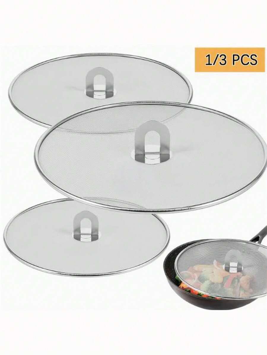 1/3pcs Set Stainless Steel Frying Pan Splash Guard, Foldable Handle Grease Lid, Mesh Oil Splash Cover, Suitable For Kitchen Cooking And Dining