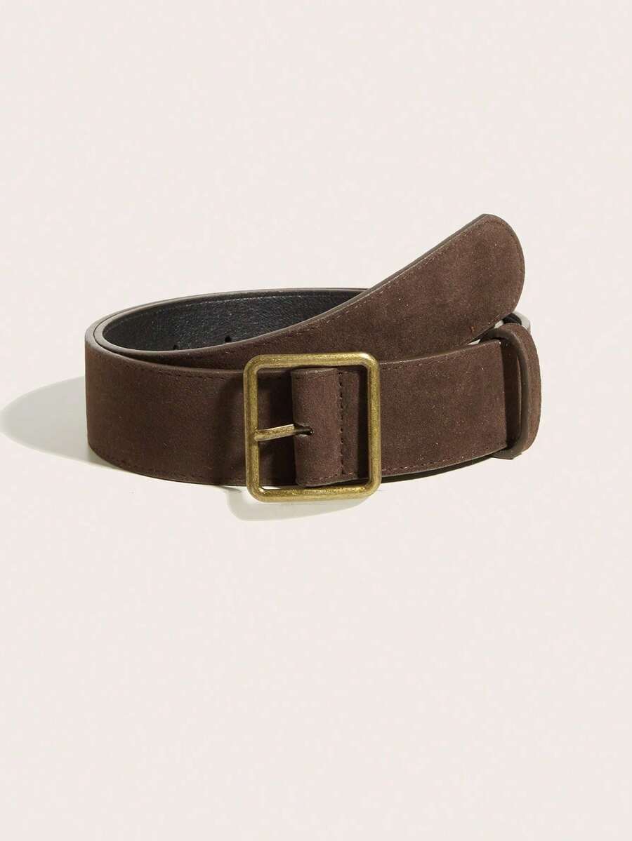 1pc Unisex Solid Color Casual Retro Street Wear PU Leather Simple Casual Buckle Belt, Suitable For All Seasons - Coffee - View 1