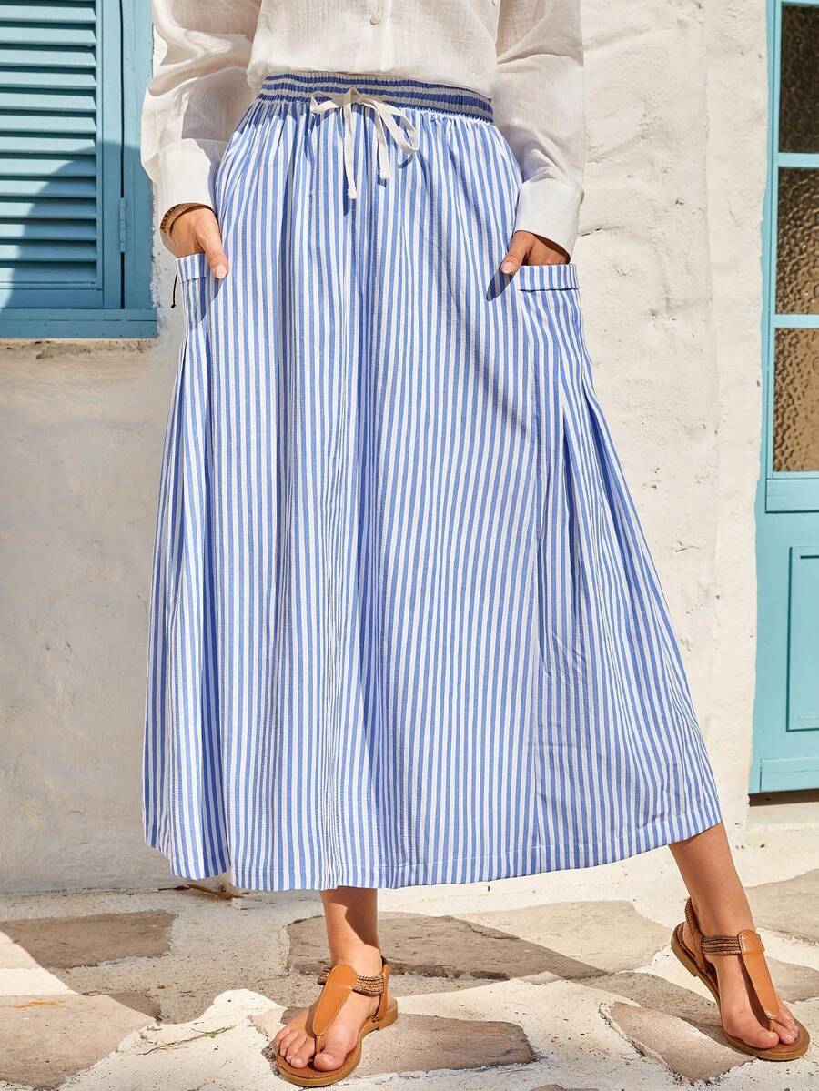 女士高腰系带半身裙，蓝白条纹带口袋半身裙，女士度假装扮，休闲/假日细节半身裙，夏季 - 藍白色 - 查看 1