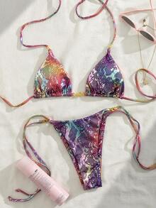 PEPPERMOLLY 2026 Bikini da donna alla moda, colorato, taglio laser, neon. Set bikini sexy con top a triangolo e slip con vita annodata. Tessuto elastico con stampa neon, adatto per spiaggia e piscina, vestibilità aderente per valorizzare la figura. - Multicolore - Visualizzare 3