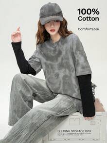 تي شيرت بطبعات مختلفة وأكمام طويلة، موضة للنساء الشابات، إصدار رأس السنة الجديدة - 409 رمادي وأسود - مشاهدة 7