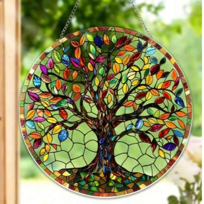 1pc Tree Of Life Print Acrylic Sun Catcher Round Window Decoration Double Side Acrylic Wall Hanging For Home Window Indoor Outdoor Garden Decor(With Metal Chain)