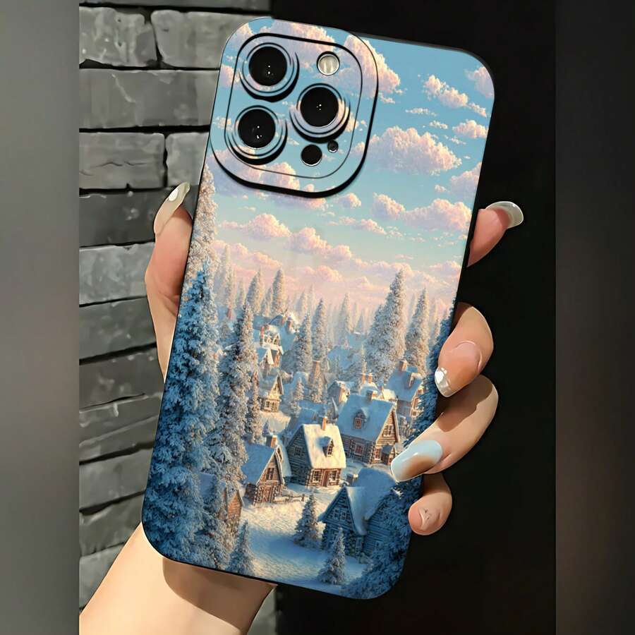 2026 nueva funda de teléfono esmerilada, funda de teléfono con impresión de paisaje nevado de pueblo invernal para iPhone 17 14 13 12 11 Pro Max y Galaxy S23 S22 S21 S20, funda protectora para teléfono, regalo de pareja para novio y novia, presente de vacaciones - Blanco antiguo - Ver 1