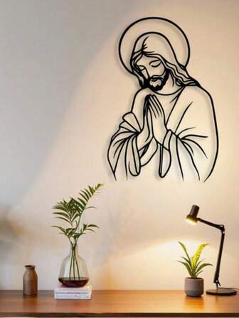 Large Jesus Metal Wall Art - Classic Christian Bedroom Home Decor, Laser Cut Design Easy To Hang, Housewarming Gift, Minimalist Praying Hands Illustration, Modern Metal Wall Decor, Inspirational Wall Decoration