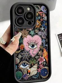 1件装时尚个性化心形眼睛水钻拼贴艺术图案黑色防震防指纹全包软壳手机壳，兼容 16 Pro Max/16/16 Pro/16 Plus/15/15 Pro Max/15 Pro/11/12/13/14 Pro Max/11 Pro/11 Pro Max/12 Pro/12 Pro Max/13 Pro/13 Pro Max/14 Pro/14 Pro Max，创意高级设计 - 彩色 - 查看 1