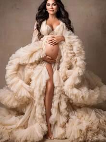 Party Wear  Women Dresses  Pregnant Gown For Photoshoot  Sexy    Mesh Fabric    Ruffle Hem    Wedding    Kimono  Women Dresses  With Belt Tie  Relax Fit  Oversized - màu nâu - Xem 1