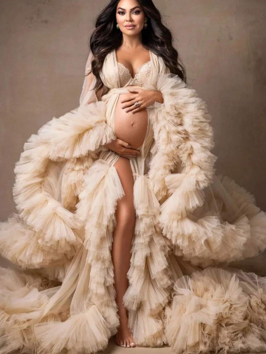Party Wear Women Dresses Pregnant Gown For Photoshoot Sexy Mesh Fabric Ruffle Hem Wedding Kimono Women Dresses With Belt Tie Relax Fit Oversized - màu nâu - Xem 1