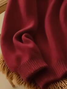 Áo len dệt kim màu trơn mềm mại và ấm áp dành cho nữ, trang phục thường ngày cho mùa thu - màu đỏ tươi - Xem 5