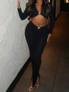 Party Ready 女士黑色长袖露脐上衣和裤子套装 - 黑色 - 查看 5