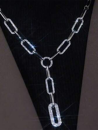 1pc Minimalist Rhinestone Chain Metal Necklace, Versatile Sweater Chain For Women