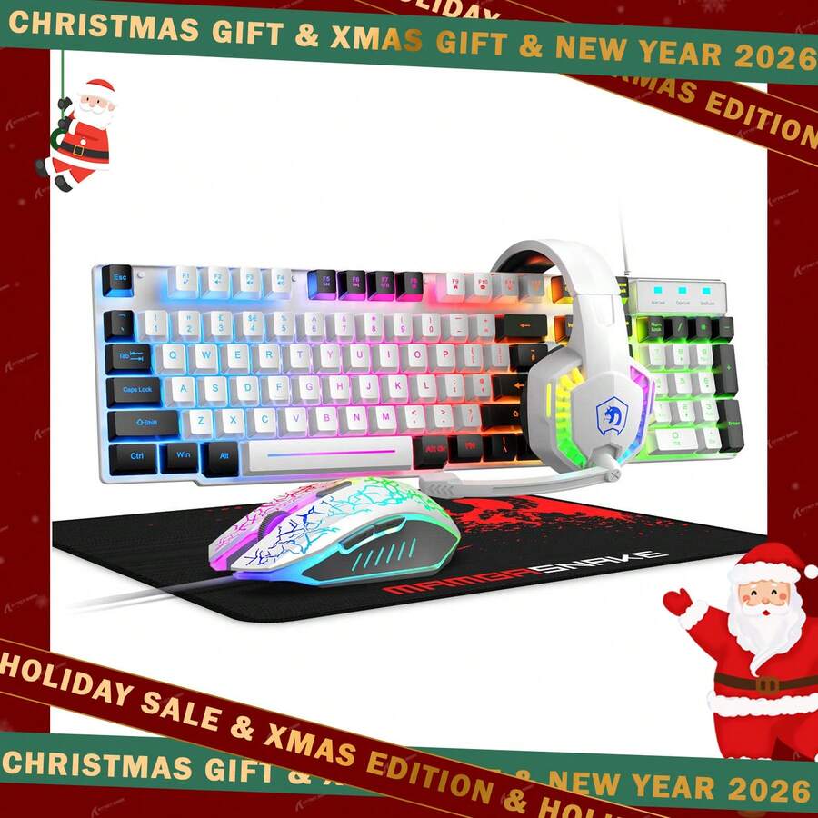 ATTACK SHARK*MANNBASNAKE Wired Gaming Keyboard Mouse Headset Set, Rainbow LED Backlit Wired Keyboard, Headphones With Microphone, Rainbow Backlit Gaming Mouse, Mouse Pad, Compatible With PC & Laptop - White and Black - View 1