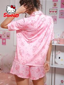 SANRIO 2pcs   Women's Pajama Set,  Digital Print Pajama Shirt With Collar And Buttons, Pink Short Sleeve Shorts Pajama, Cute Sleepwear Loungewear Set - 粉色 - 查看 2
