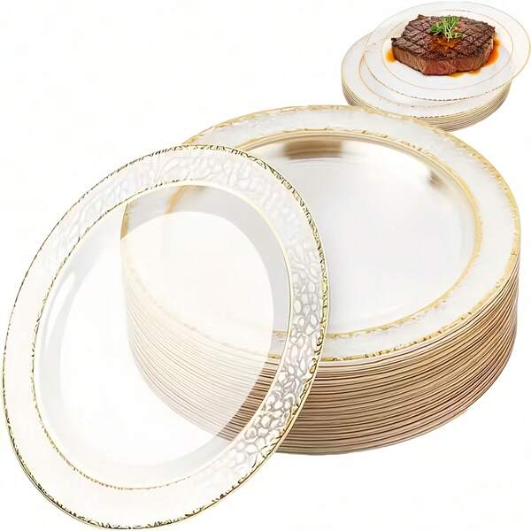 50/25/21/16/10/5/1 件套透明锤纹双金边餐盘，透明底金边，优雅甜点盘、意面盘、披萨盘、蛋糕盘、沙拉盘，7.5 英寸/10.25 英寸尺寸，可重复使用且易于清洁，适合户外、派对、生日、婚礼和节日聚会。