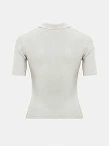 Maglietta elegante e casual da donna, a maniche corte, collo, mezza patta, effetto snellente, colore unito minimalista, stile pendolare chic, pullover in maglia, stile vintage, abbigliamento da strada per donna - Bianco - Visualizzare 2